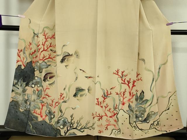 平和屋本店●極上 アンティーク 大正ロマン 訪問着 手描き 海中 魚 珊瑚 金彩 逸品 DZAB9443kh6