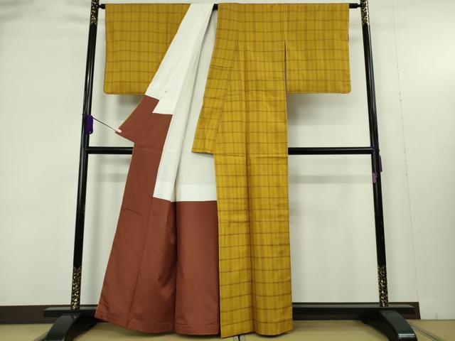 平和屋本店●極上 本場黄八丈 まるまなこ 紬 格子 逸品 DZAB9453kh6