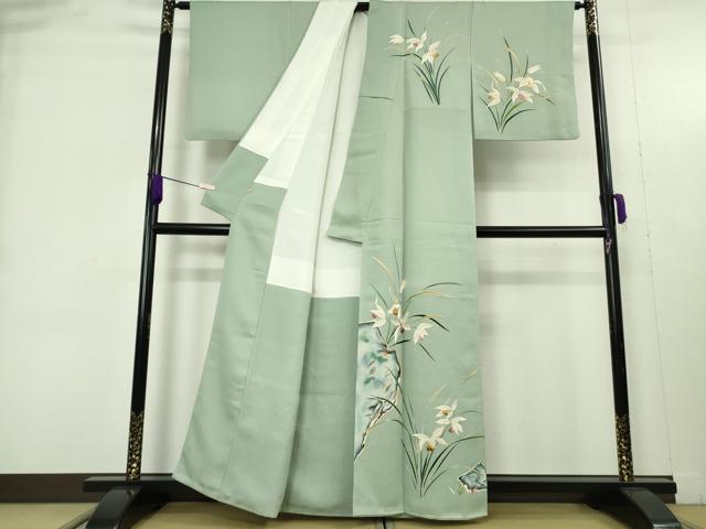 平和屋本店●極上 染刺工芸 大羊居 東京友禅 訪問着 刺繍 草花文 山葵色地 金糸 高島屋扱い 逸品 DZAB9458kh6