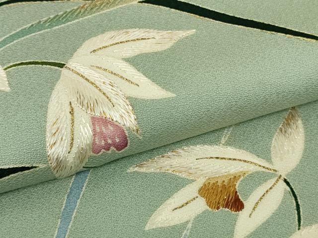 平和屋本店●極上 染刺工芸 大羊居 東京友禅 訪問着 刺繍 草花文 山葵色地 金糸 高島屋扱い 逸品 DZAB9458kh6