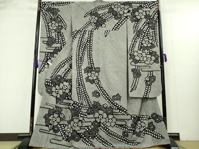平和屋本店●極上 振袖 総絞り 草花文 黒×白 逸品 DZAB9460kh6