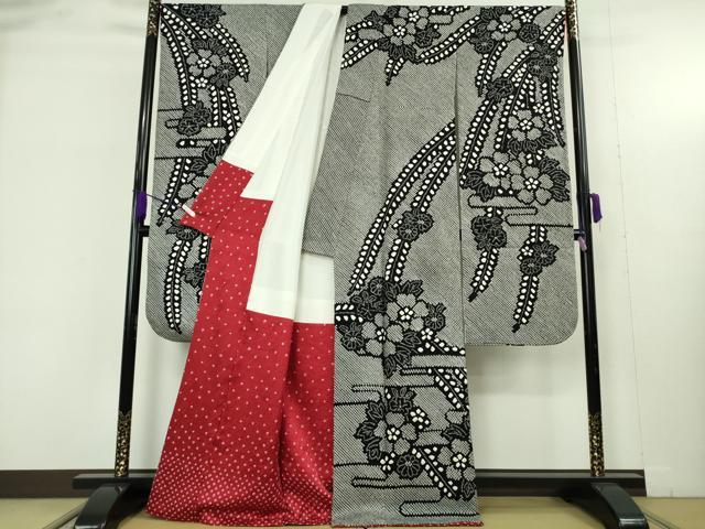 平和屋本店●極上 振袖 総絞り 草花文 黒×白 逸品 DZAB9460kh6
