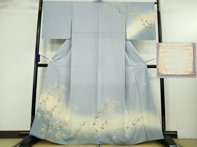 平和屋本店●極上 名門染元 秀美 十日町友禅 訪問着 草花文 パウダーブルー色地 暈し染め 逸品 DZAB9464kh6