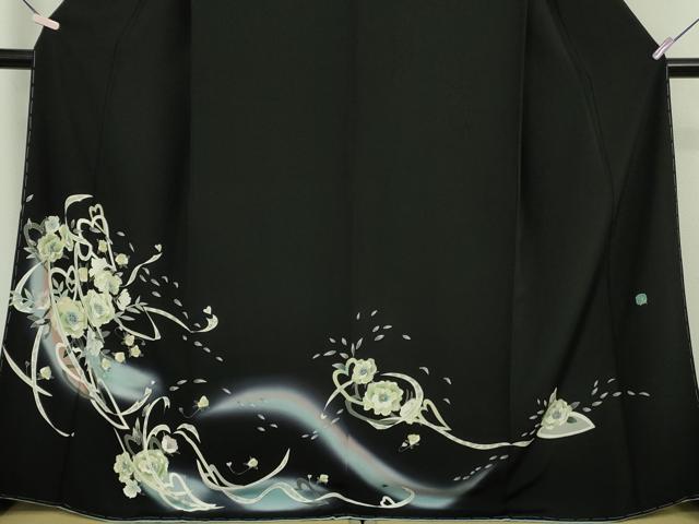 平和屋本店●極上 本加賀友禅作家 松嶋由美 訪問着 草花 ハート 暈し染め 黒地 逸品 未使用 DZAB9467kh6