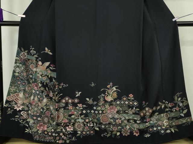 平和屋本店●極上 中国三大刺繍 スワトウ刺繍 汕頭刺繍 総刺繍 絽刺し 訪問着 正倉院花鳥文 濃紺地 金糸 逸品 DZAB9470kh6
