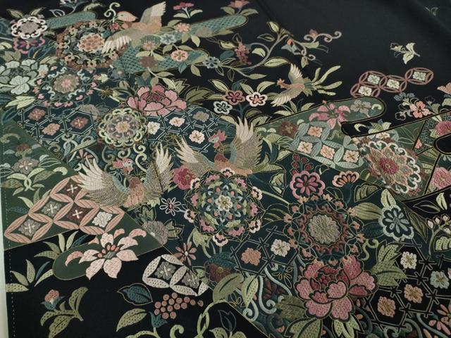 平和屋本店●極上 中国三大刺繍 スワトウ刺繍 汕頭刺繍 総刺繍 絽刺し 訪問着 正倉院花鳥文 濃紺地 金糸 逸品 DZAB9470kh6