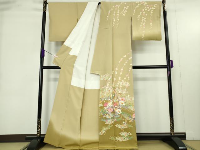 平和屋本店●極上 本加賀友禅作家 百貫廣樹 訪問着 松 椿 梅 飛鳥文 蒸栗色地 暈し染め 逸品 DZAB9475kh6