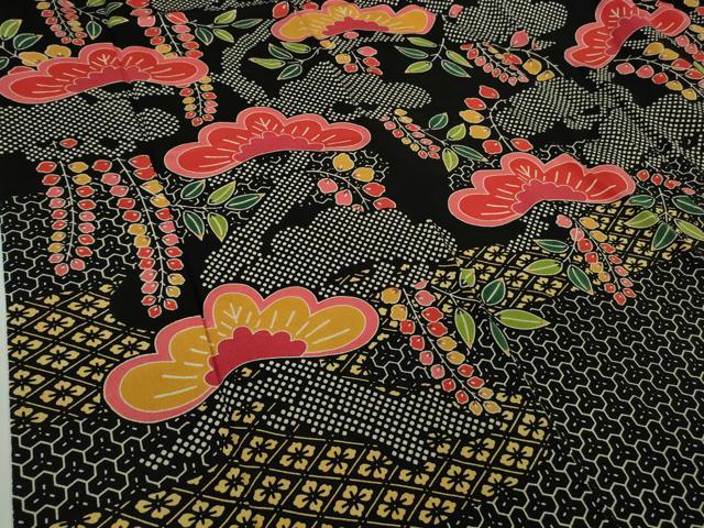 平和屋本店●極上 和染紅型 栗山紅型 栗山吉三郎 振袖 松 藤花房 黒地 鬼しぼ縮緬 逸品 DZAB9493kh6