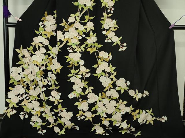 平和屋本店●極上 訪問着 駒刺繍 枝垂れ桜 黒地 金彩 ロング丈 逸品 DZAB9494kh6