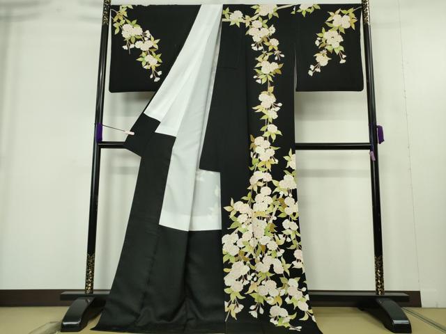平和屋本店●極上 訪問着 駒刺繍 枝垂れ桜 黒地 金彩 ロング丈 逸品 DZAB9494kh6