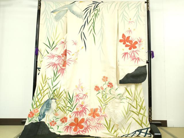 平和屋本店*極上 夏物 アンティーク 大正ロマン お引き摺り・引き振袖 和装 舞妓 芸妓 芸者 衣装 手描き 絽 鷺 銀彩 逸品 DZAB9498kh6