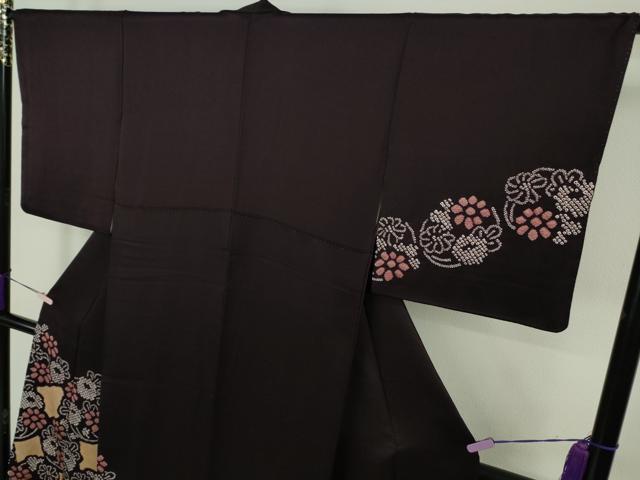 平和屋本店●極上 銀座 志ま亀 訪問着 絞り 花丸文 紫黒色地 たとう紙付き 逸品 DZAB9504kh6