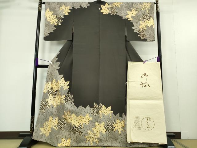 平和屋本店●極上 銀座きしや 訪問着 駒刺繍 楓 縮緬地 羊羹色 金彩 たとう紙付き 逸品 未使用 DZAB9505kh6
