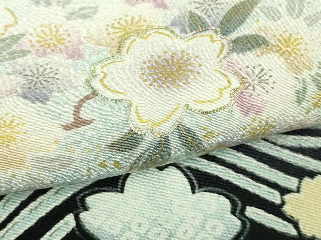 平和屋本店●極上 訪問着 銀駒刺繍 立波舞桜 暈し染め 黒地 金彩 逸品 DZAB9510kh6