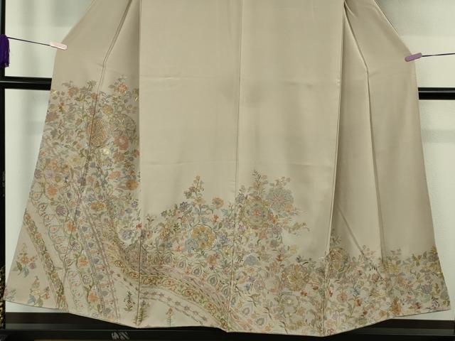 平和屋着物●極上 色留袖 刺繍 更紗花文 茶鼠色地 金糸 逸品 DZAB9513kh6