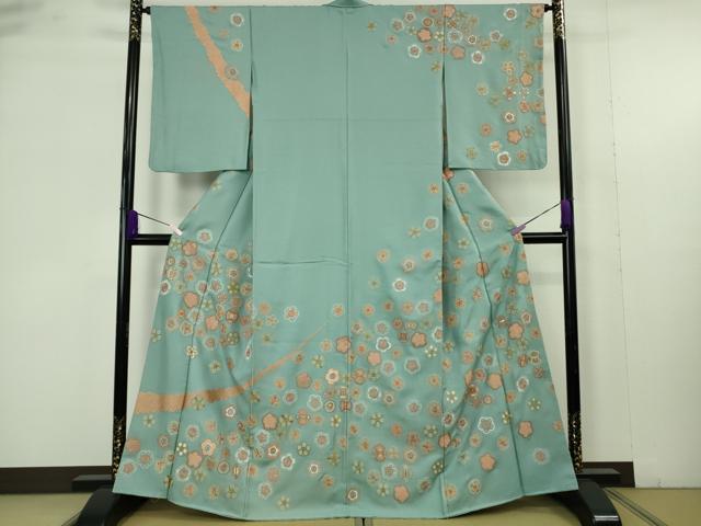 平和屋着物●極上 中国三大刺繍 相良刺繍 総刺繍 訪問着 作家物 舞花宝尽くし 新橋色地 金糸 逸品 未使用 DZAB9514kh6