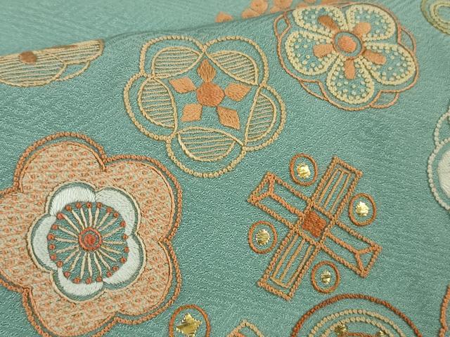 平和屋着物●極上 中国三大刺繍 相良刺繍 総刺繍 訪問着 作家物 舞花宝尽くし 新橋色地 金糸 逸品 未使用 DZAB9514kh6