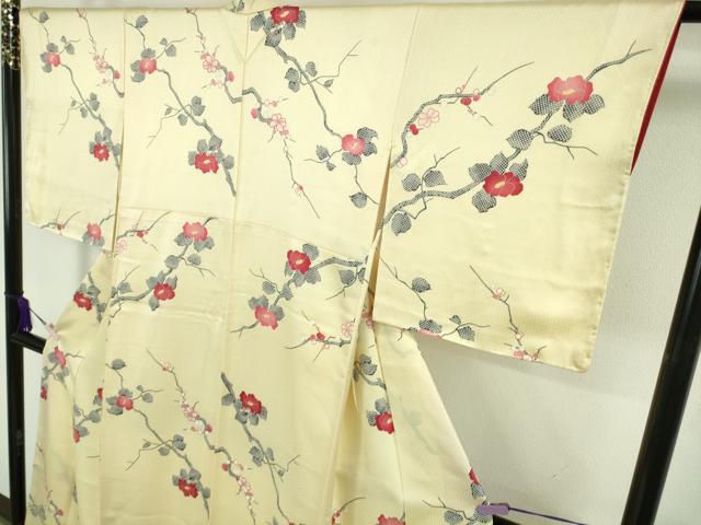 平和屋着物●極上 小紋 枝椿 薄い淡黄色地 逸品 未使用 DZAB9525kh6