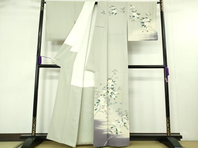平和屋着物●極上 京友禅工芸作家 小宮山彌一 訪問着 枝花文 柳鼠色地 暈し染め 逸品 DZAB9531kh6