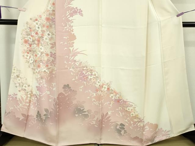 平和屋着物●極上 訪問着 草花文 鳥の子色地 暈し染め 金銀彩 逸品 未使用 DZAB9537kh6