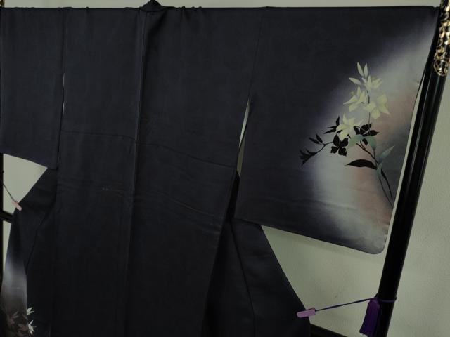 平和屋着物●極上 京の匠日展作家 丹下雄介 訪問着 草花文 濃い紺地 暈し染め 銀糸 やまと誂製 ロング丈 逸品 DZAB9541kh6