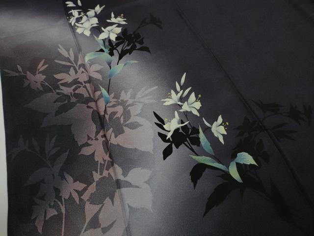 平和屋着物●極上 京の匠日展作家 丹下雄介 訪問着 草花文 濃い紺地 暈し染め 銀糸 やまと誂製 ロング丈 逸品 DZAB9541kh6