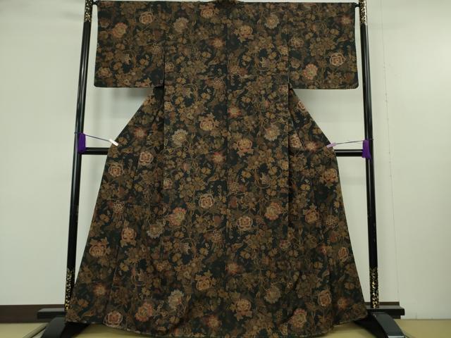 平和屋着物●極上 小紋 刺繍 更紗花文 褐返色地 金糸 逸品 未使用 DZAB9545kh6