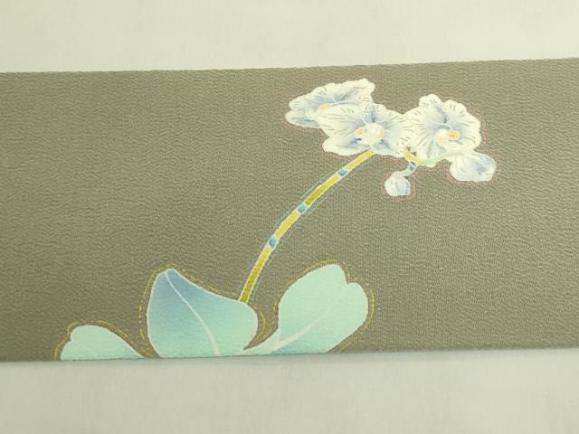平和屋着物●極上 本加賀友禅作家 由水煌人 九寸名古屋帯 胡蝶蘭 青白橡色地 鬼しぼ縮緬 逸品 DZAB9636kh6