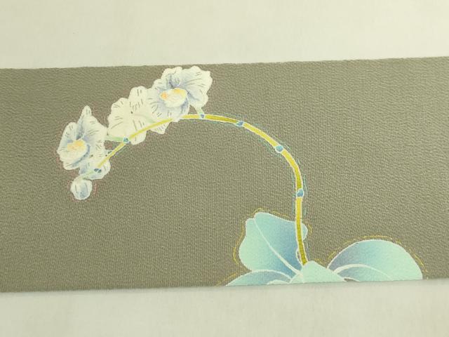 平和屋着物●極上 本加賀友禅作家 由水煌人 九寸名古屋帯 胡蝶蘭 青白橡色地 鬼しぼ縮緬 逸品 DZAB9636kh6