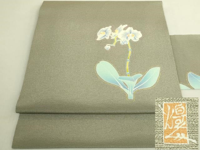 平和屋着物●極上 本加賀友禅作家 由水煌人 九寸名古屋帯 胡蝶蘭 青白橡色地 鬼しぼ縮緬 逸品 DZAB9636kh6