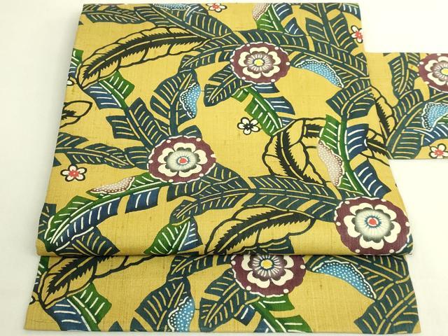 平和屋着物●極上 本場琉球紅型 九寸名古屋帯 紬地 芭蕉花文 逸品 DZAB9645kh6