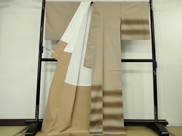 平和屋着物●極上 花織 訪問着 お召地 横段文 空五倍子色地 ロング丈 逸品 DZAB9654kh6