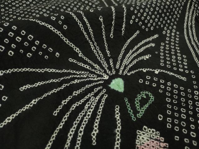 平和屋着物∴極上 夏物 浴衣 有松鳴海絞り 舞菊文 黒地 綿 逸品 DZAB9672kh6