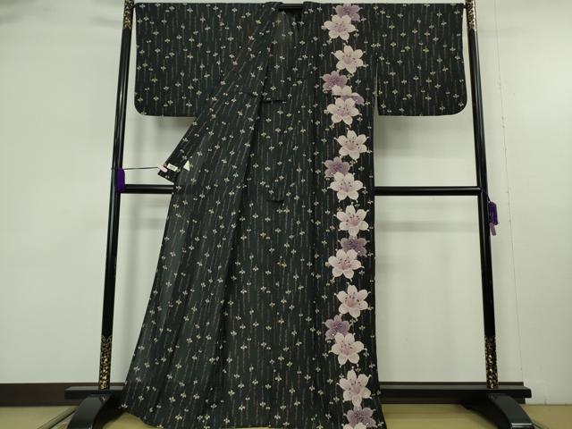平和屋着物∴極上 夏物 撫松庵 訪問着 浴衣 セオアルファ 百合 黒地 洗える着物 逸品 DZAB9686kh6