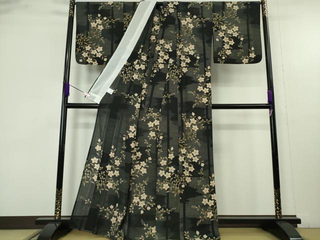 平和屋着物∴極上 夏物 こむさでもーど・COMME CA DU MODE 小紋・浴衣兼用 草花文 黒地 洗える着物 逸品 DZAB9691kh6