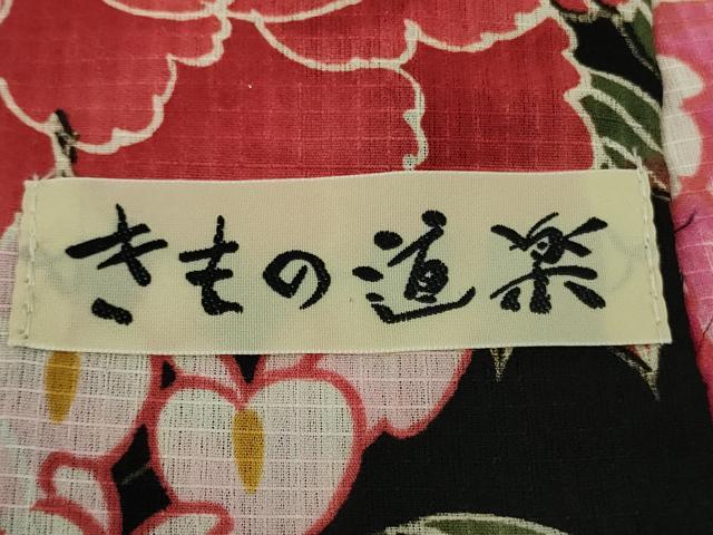 平和屋着物∴極上 夏物 小紋・浴衣兼用 紅梅織 きもの道楽 セオアルファ 牡丹 藤花房 黒地 洗える着物 逸品 DZAB9692kh6