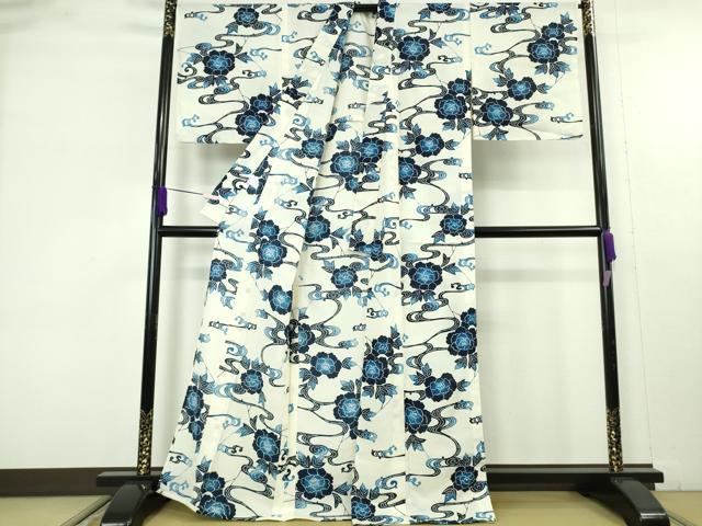 平和屋着物∴極上 夏物 小紋・浴衣兼用 セオアルファ 藍 型染 流水花文 洗える着物 逸品 DZAB9693kh6