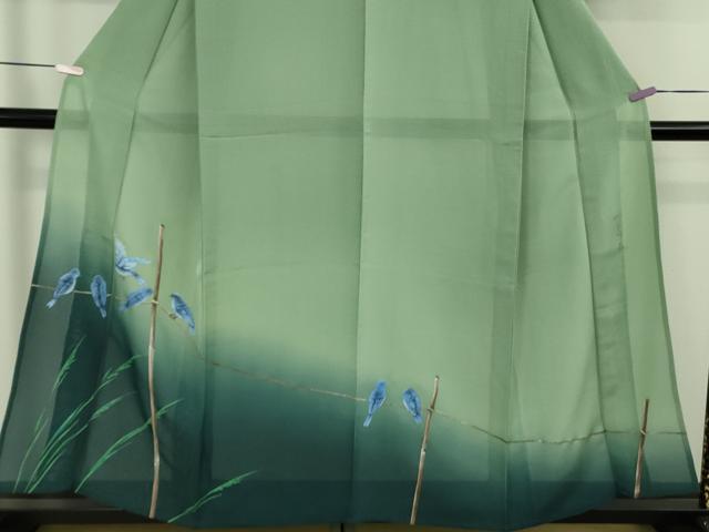 平和屋着物*極上 夏物 訪問着 絽 手描き 青い鳥 ブルーバード 山葵色地 暈し染め 銀通し地 逸品 DZAB9695kh6
