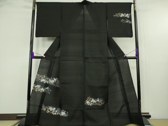 平和屋着物*極上 夏物 訪問着 紗紬 枝菊 黒地 金彩 逸品 DZAB9704kh6