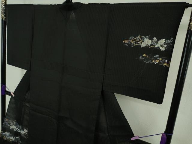 平和屋着物*極上 夏物 訪問着 紗紬 枝菊 黒地 金彩 逸品 DZAB9704kh6