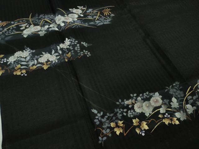 平和屋着物*極上 夏物 訪問着 紗紬 枝菊 黒地 金彩 逸品 DZAB9704kh6