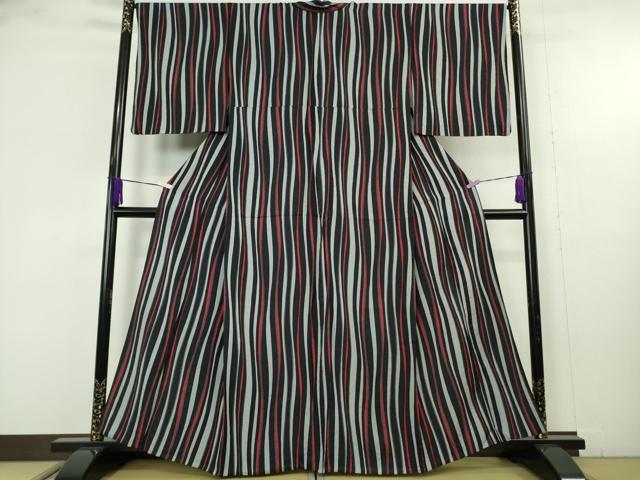 平和屋着物▽極上 小紋 単衣 よろけ縞 黒地 逸品 DZAB9717kh6