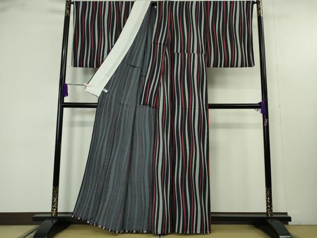 平和屋着物▽極上 小紋 単衣 よろけ縞 黒地 逸品 DZAB9717kh6