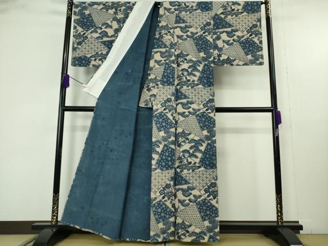 平和屋着物▽極上 小紋 単衣 藍 紬地 切嵌 椿 松 菊 藍愛美術館謹製 反端付き 逸品 DZAB9724kh6
