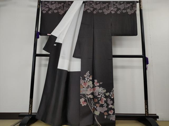 平和屋本店●極上 創業200年・7代目永治屋清左衛門 訪問着 お召地 枝葉花文 紫黒色地 銀糸 逸品 DZAB9732kh6