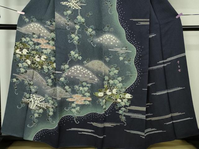 平和屋本店●極上 西陣 京の名門 じゅらく謹製 帝王紫 中国三大刺繍 相良刺繍 訪問着 蔦の葉 暈し染め 金通し地 逸品 DZAB9734kh6