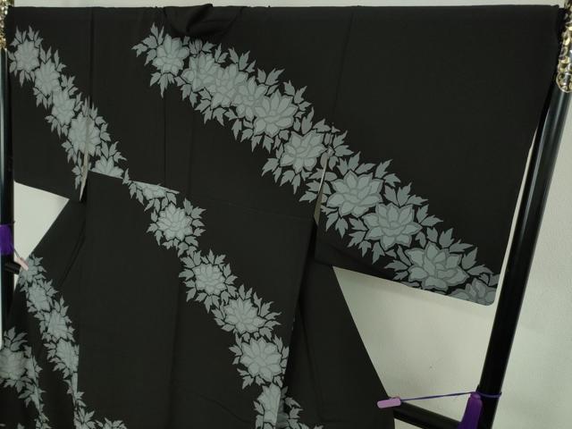 平和屋本店●極上 染色作家 寺島利男 訪問着 草花文 黒地 ロング丈 逸品 DZAB9735kh6