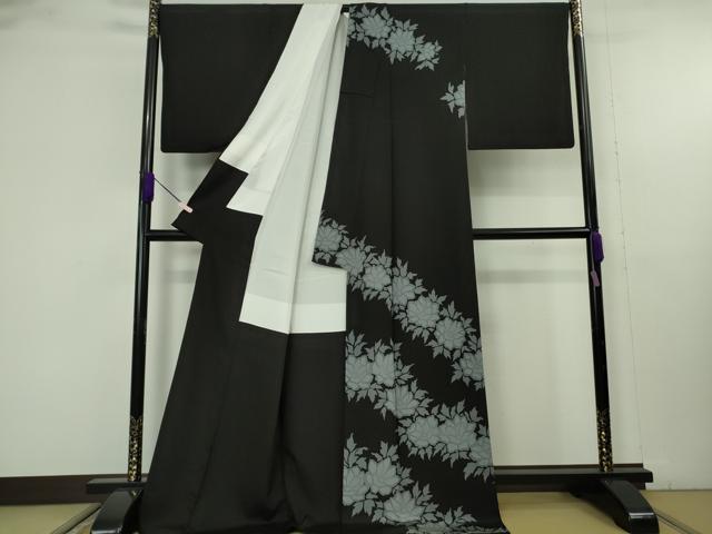 平和屋本店●極上 染色作家 寺島利男 訪問着 草花文 黒地 ロング丈 逸品 DZAB9735kh6