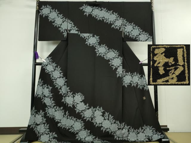 平和屋本店●極上 染色作家 寺島利男 訪問着 草花文 黒地 ロング丈 逸品 DZAB9735kh6