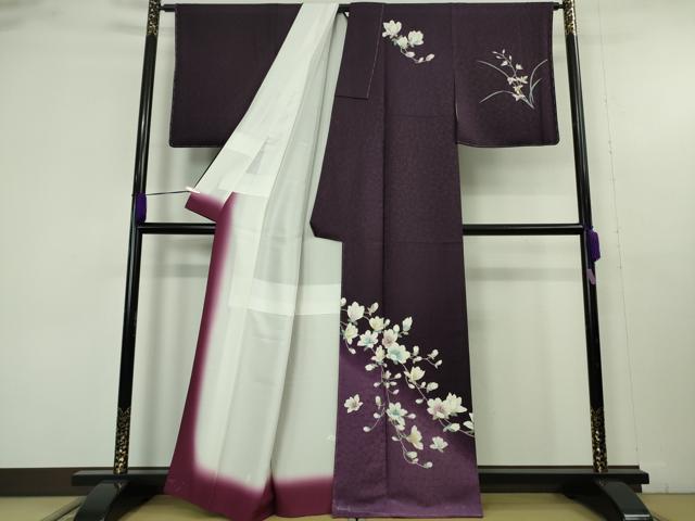 平和屋着物●極上 訪問着 草花文 深紫色地 暈し染め 逸品 未使用 DZAB9737kh6